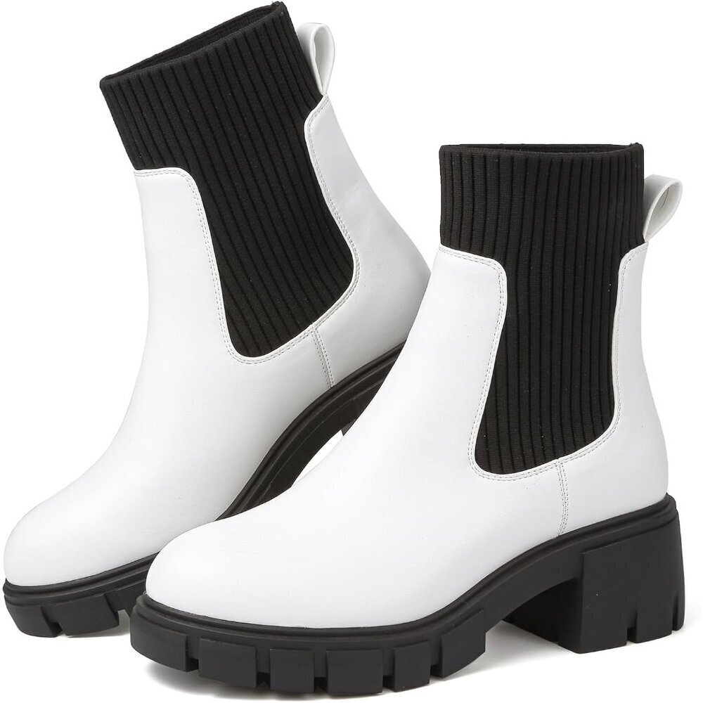 BKWHDAY Women's White Black Chelsea Platform Ankle Boots Fashion Chunky Heel